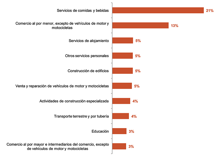 Gráfico representativo de la distribución de los 10 sectores solicitantes de ERTE  con mayor peso en Soria.