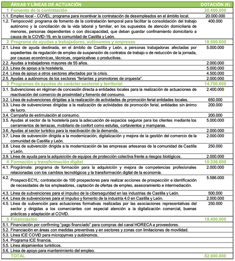 Tabla representativa de áreas y líneas de actuacin del Plan de choque para favorecer el empleo de las personas y colectivos afectados por la Covid-19 en Castilla y León. 
