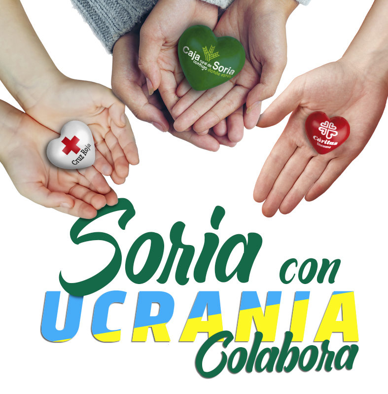 tres manos con corazones y en cada corazón el logotipo de las entidades colaboradoras; de izquierda a derecha, Cruz Roja, Caja rural de Soria y Cáritas Diocesana