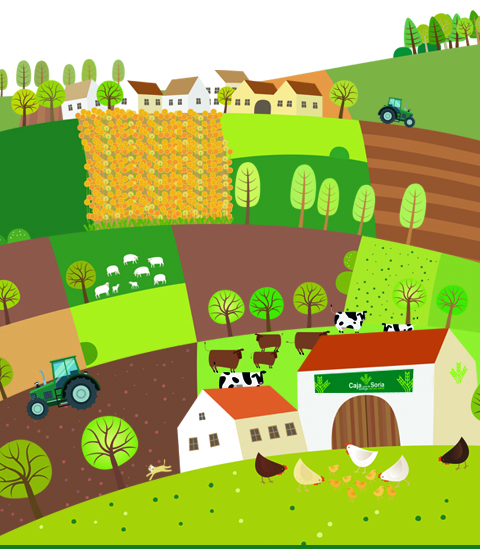 Ilustración de un pueblo con parcelas de campo de diferentes colores, vacas, ovejas, gallinas, gatos,... vida rural
