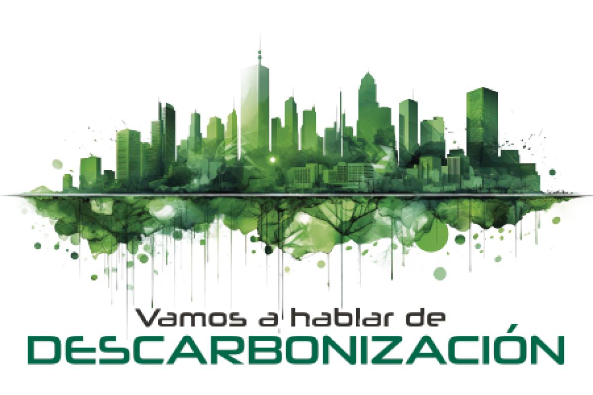 Imagen del sky line de una ciudad y su reflejo en el río siendo una selva verde con el texto/título de "vamos a hablar de descarbonización"