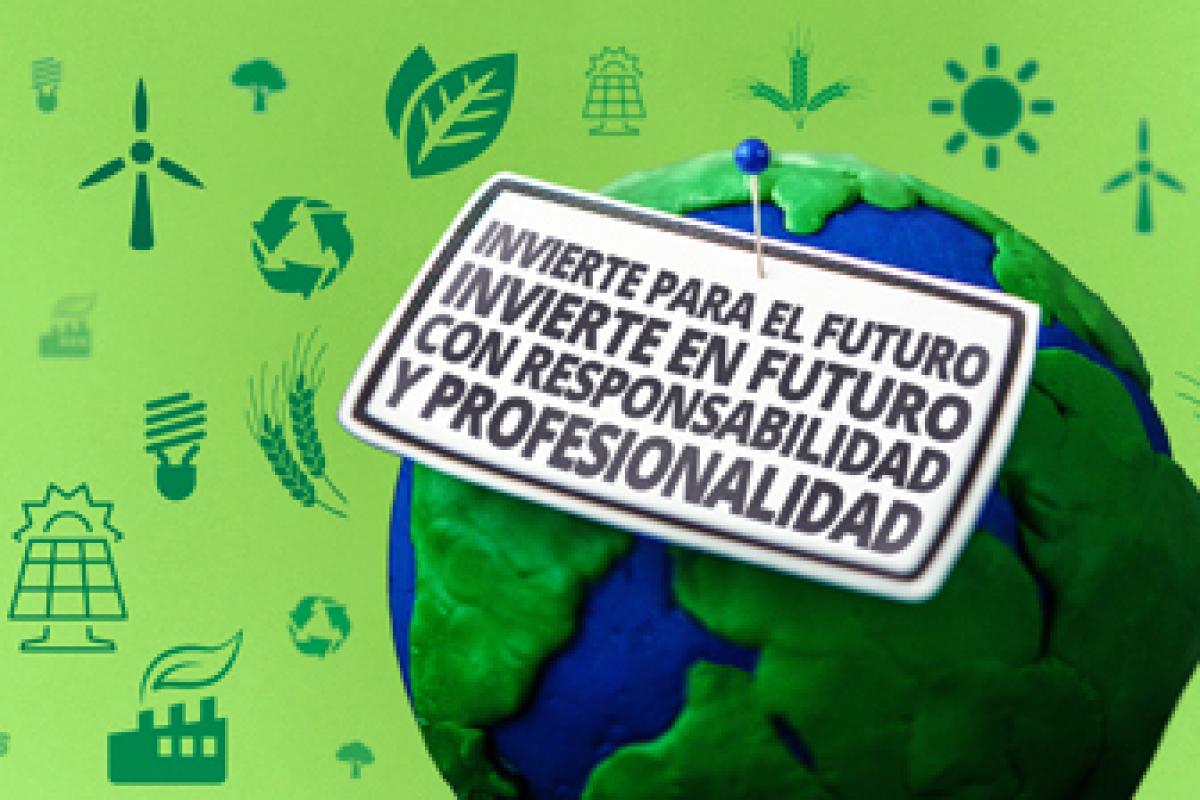Bola del mundo con un cartel con la inscripción "Invierte para el futuro, invierte en futuro con responsabilidad y profesionalidad"; todo rodeado de iconos ecología y sostenibilidad