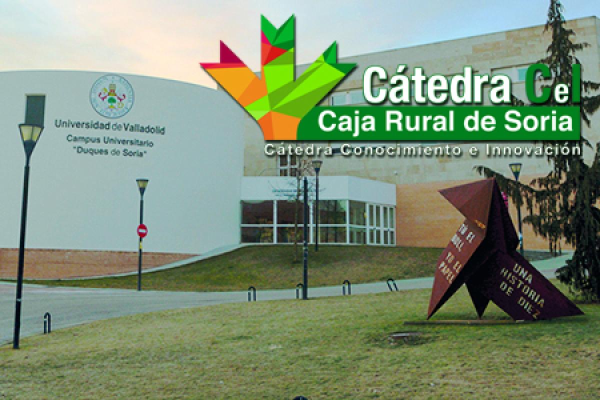 Logotipo Cátedra Conocimiento e Innovación Caja Rural de Soria con imagen de fondo de la Universidad