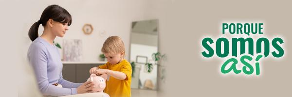 Porque somos Así Ahorradores  - madre con niño pequeño metiendo un billete en una hucha